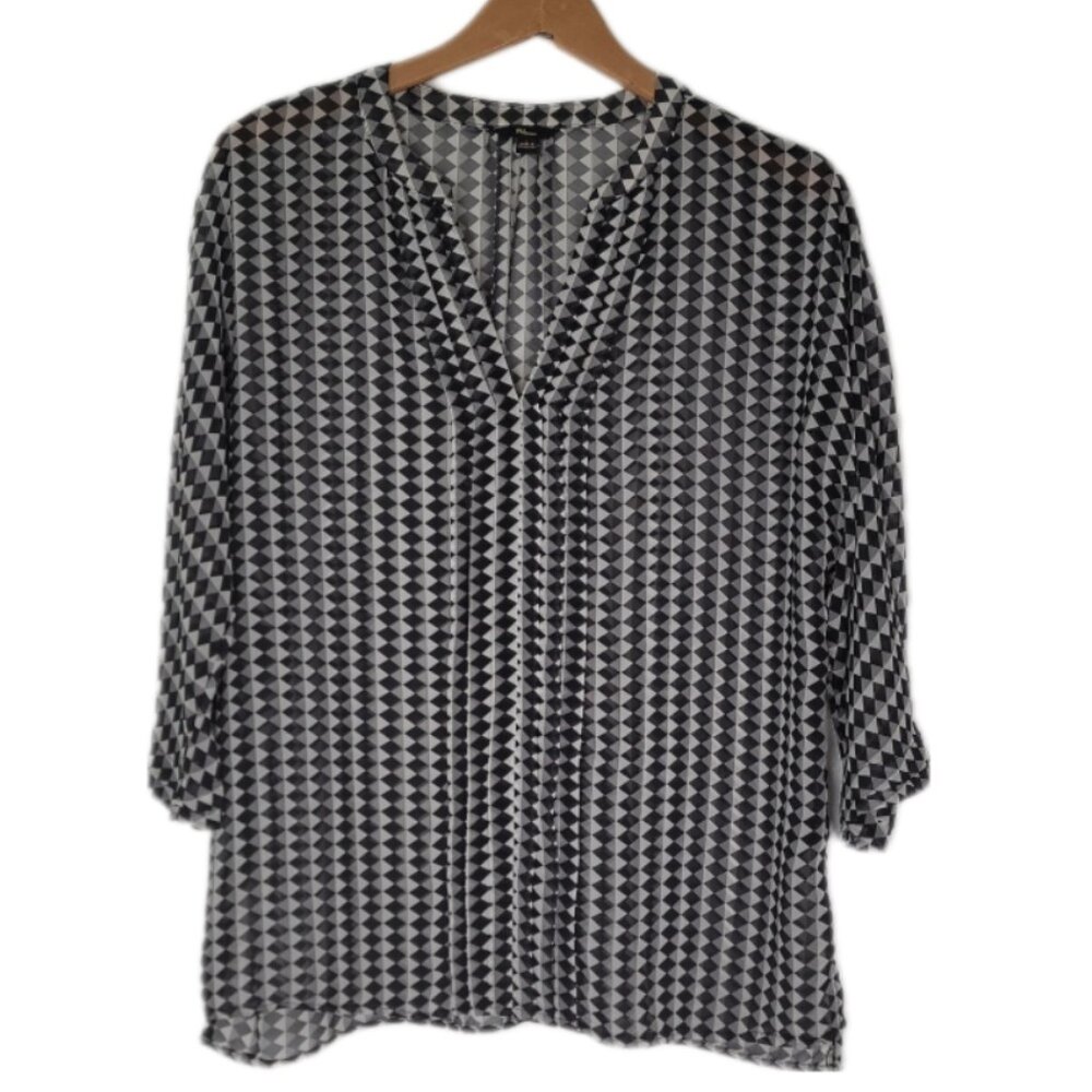 Milano sheer blouse 3/4 sleeve black white diamond check pleats dolman size LG